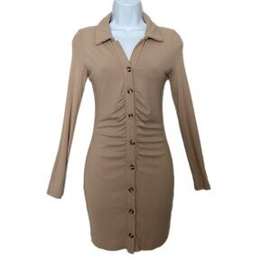 Princess Polly Beige Ruched Body Button Down Lined Con Shirt Dress Size 2